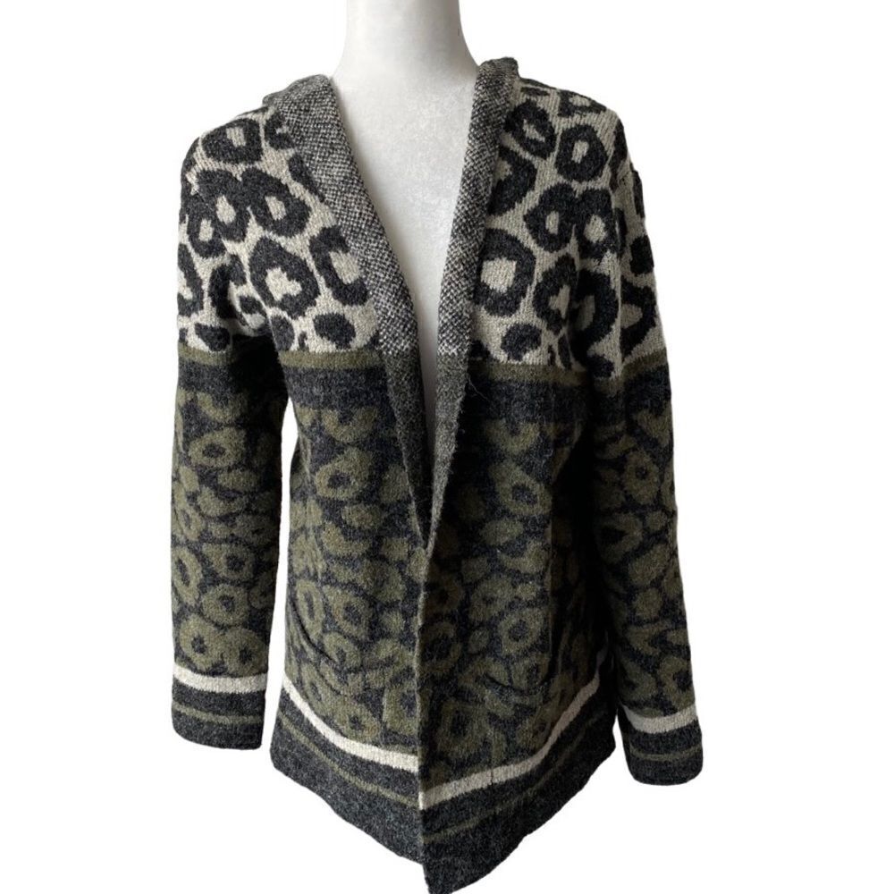 Joseph A. Leopard Open Front Long Cardigan Pockets Green Black Chunky Sweater S